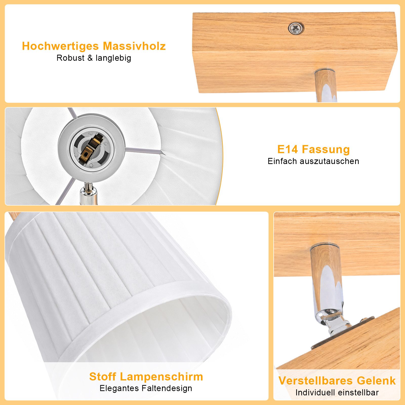 Nettlife Deckenstrahler Retro 1/2/3/4Flammig Holz Deckenleuchte E14 Vintage Boho Deckenspots, Schwenkbar 350°, ohne Leuchtmittel, für Wohnzimmer Schlafzimmer Kü – Bild 4 von 5