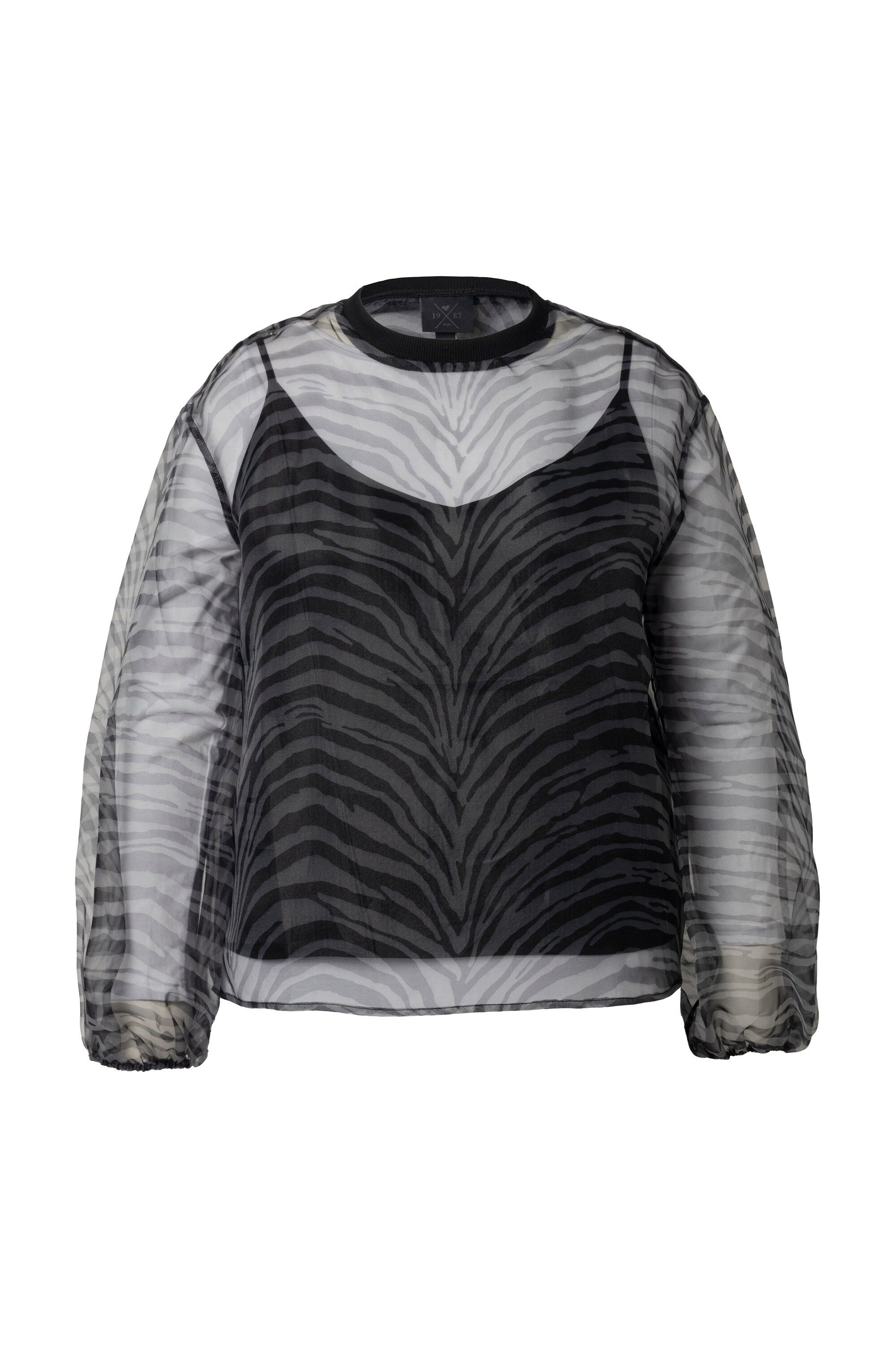 Ulla Popken Satinbluse Bluse Animalmuster doppellagig Rundhals Langarm günstig online kaufen