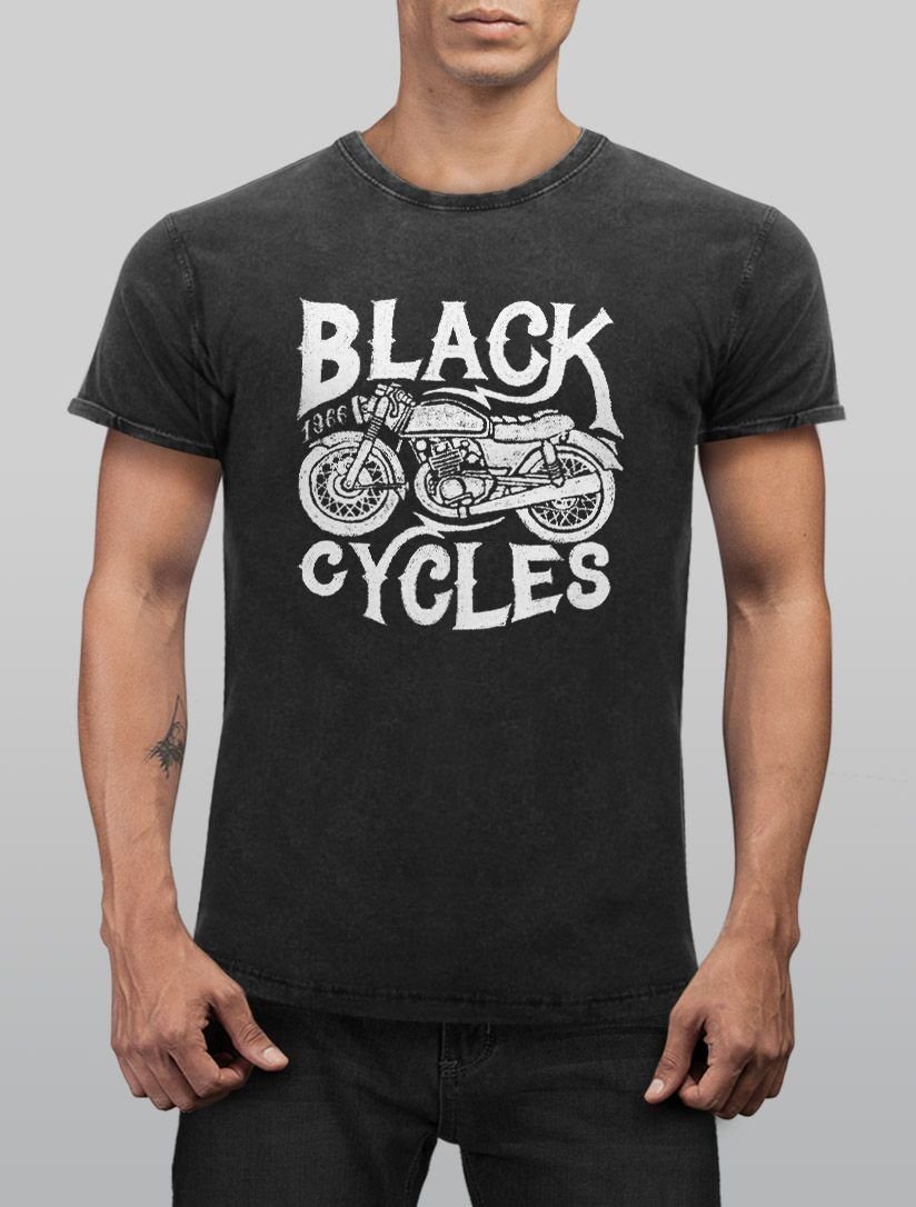 Neverless® T-Shirt Print Biker Washed Fit Neverless Retro schwarz Motorrad Print-Shirt Vintage mit Herren Slim