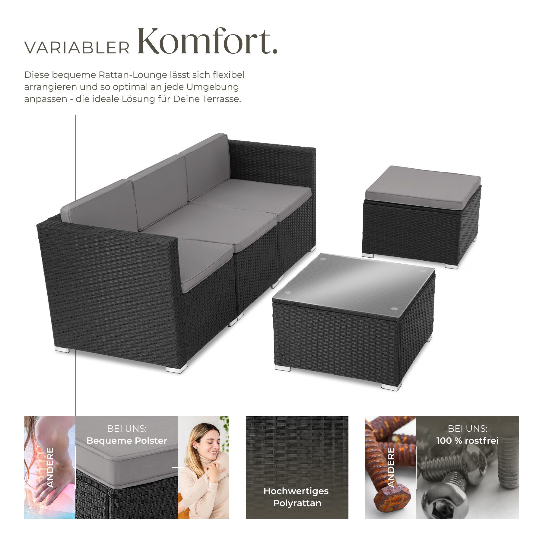tectake Loungeset Rattan Sitzgruppe mit Sicherheitsglasplatte, für 3 bis 4 Personen, (Gartenlounge-set Lignano, 5-tlg., geeignet für Outdoor in Schwarz), widerstandsfähig und UV-beständig, variabel aufstellbar