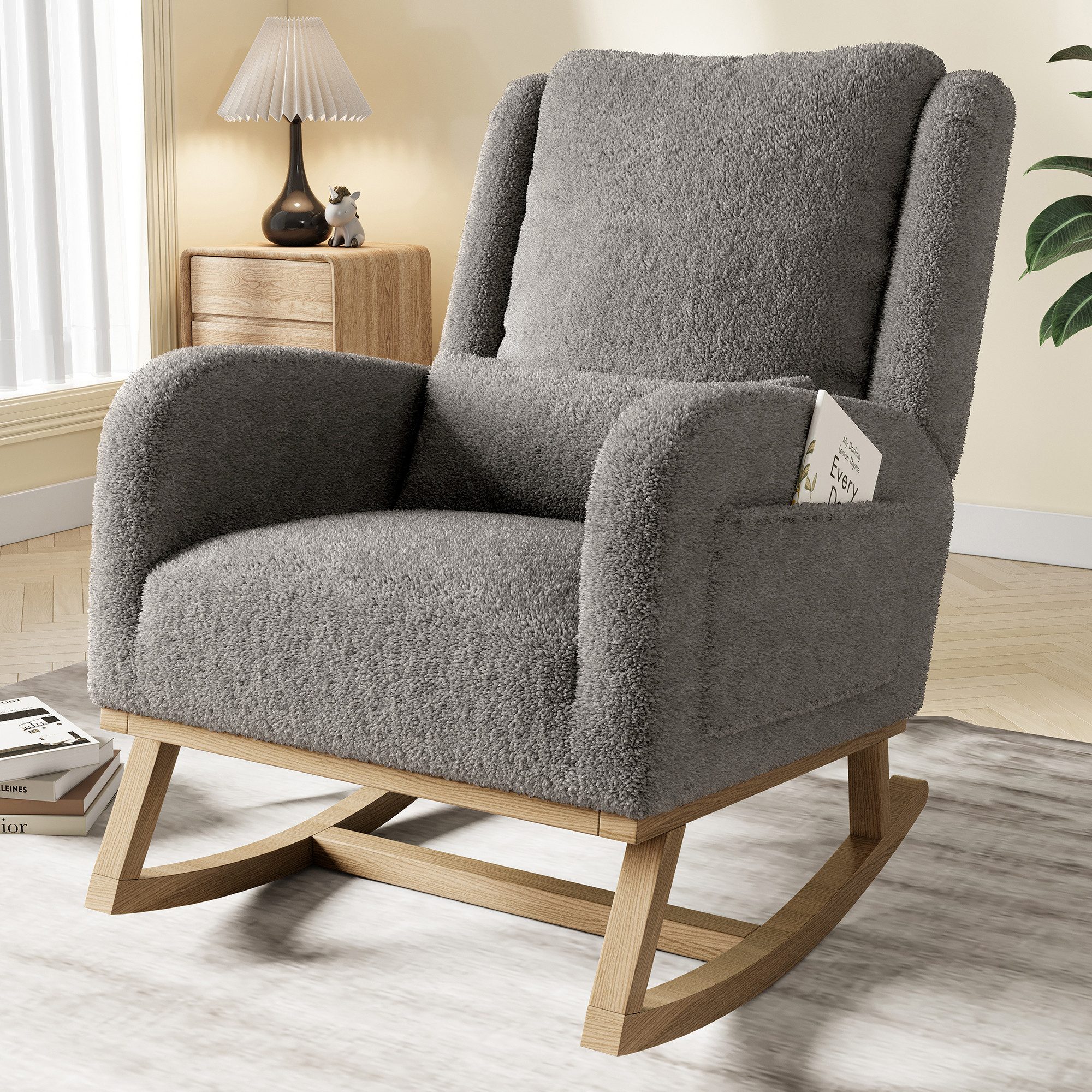 PXloue Schaukelstuhl Ergonomischer Schaukelstuhl mit Nackenstütze und feuerfester Basis (1 St), Teddy-Samt-Schaukelstuhl mit verstellbarer Fußstütze und Seitentaschen