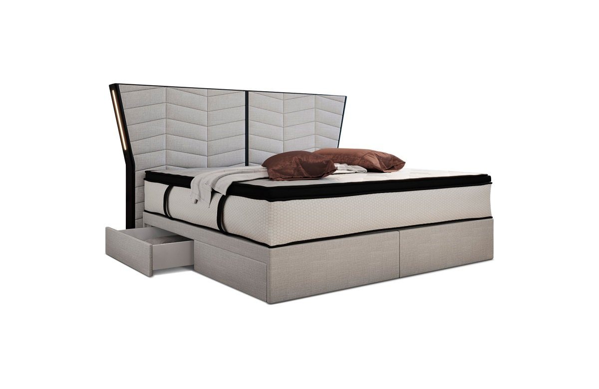 Sofa Dreams Boxspringbett Novara - Strukturstoff, mit Matratze, Topper, Schubladen, USB Anschlüsse, Beleuchtung, FB