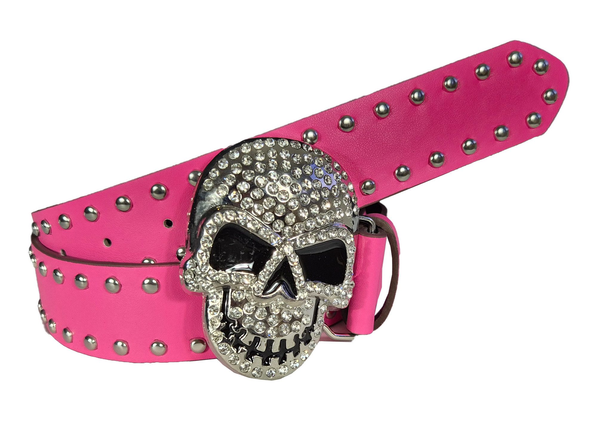 Nietengürtel Gürtel Skull Totenkopf mit Strass und Nieten Pink