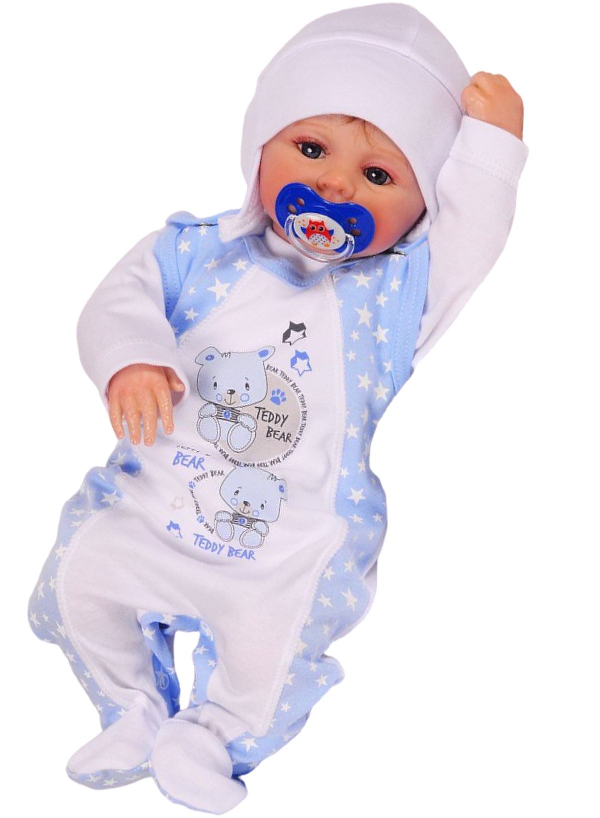 Strampler, Jäckchen & Mütze Strampler Shirt Mütze 3Tlg Baby Anzug in Weiß Blau mit Bären