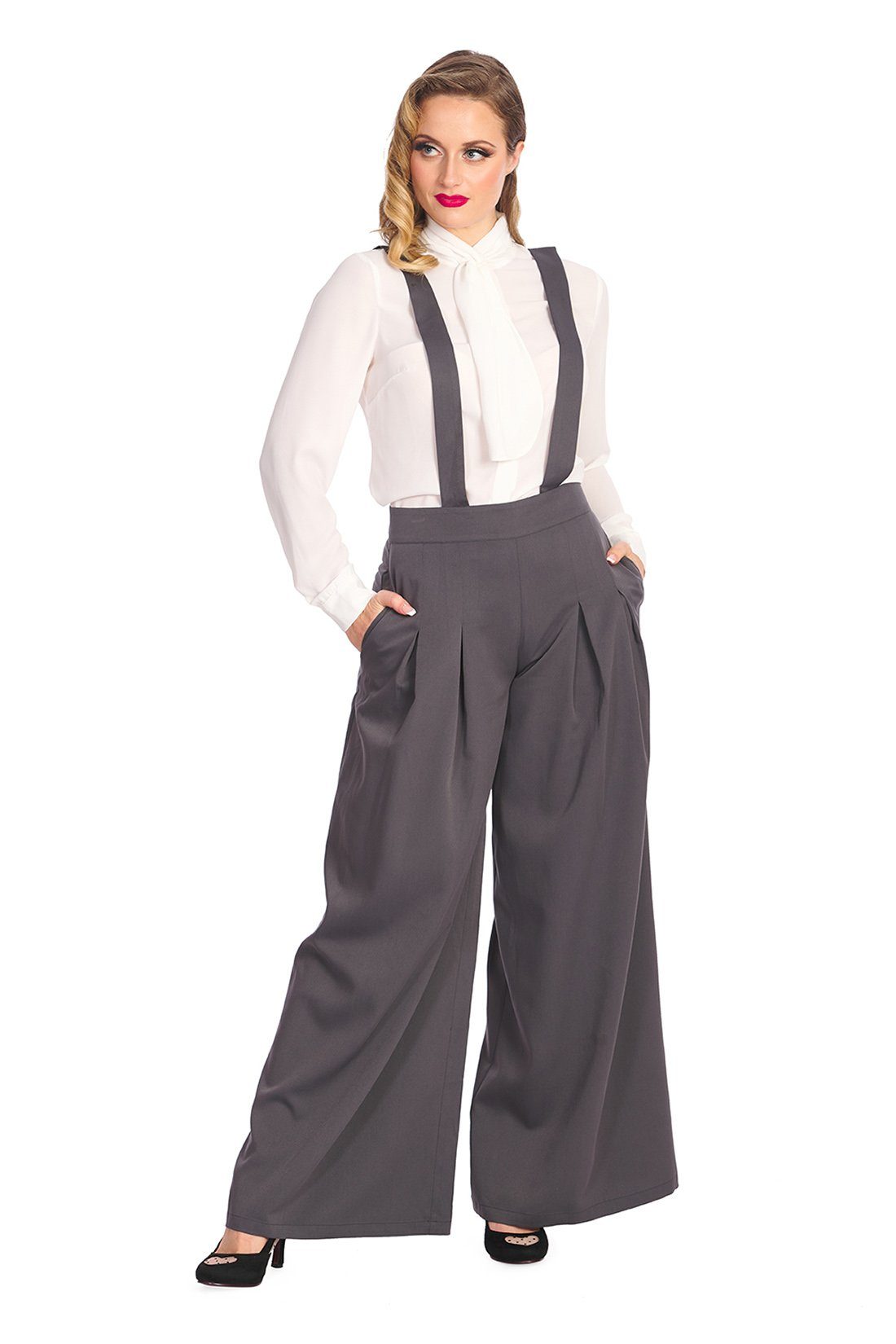 Banned Marlene-Hose Palazzo Diamond Grau Vintage Trouser abnehmbare Hosenträger