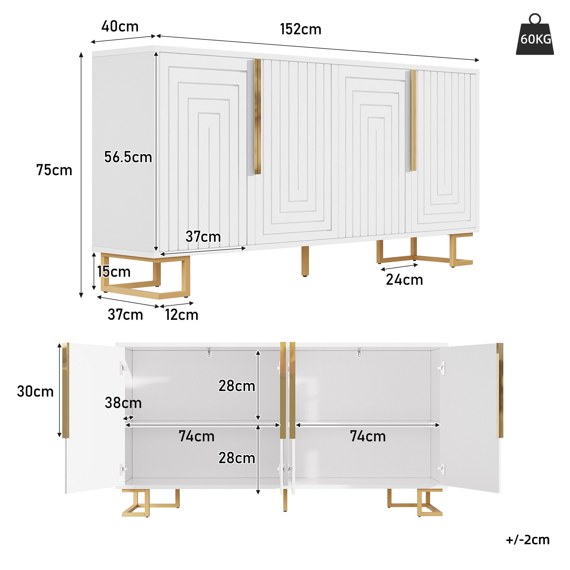 Flieks Sideboard mit 4 Türen Weiß/Schwarz (B152/T40/H75 cm, 1 St., Schrank für Wohnzimmer, Schlafzimmer und Esszimmer), Mehrzweckschrank Kommode mit verstellbar – Bild 5 von 5