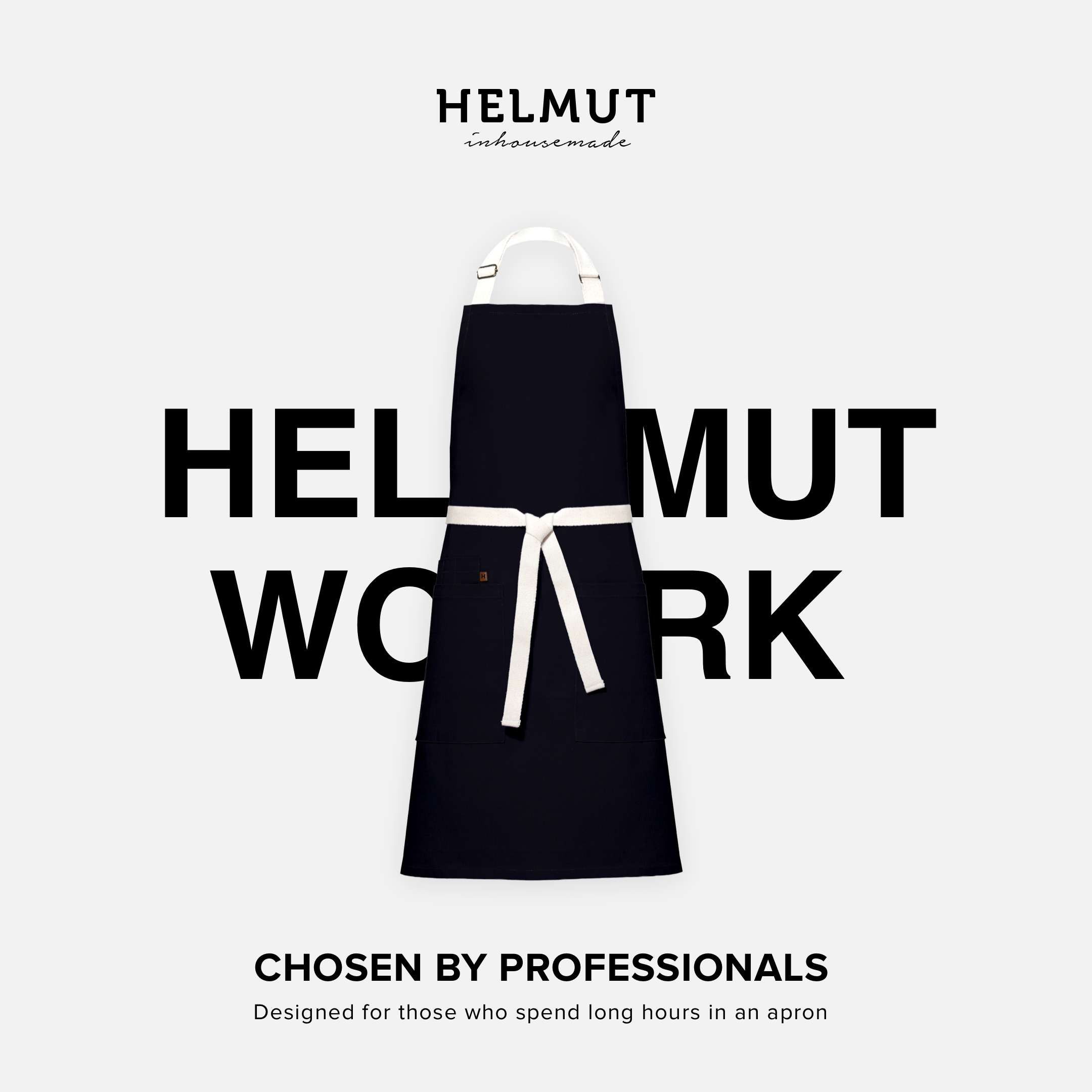 HELMUT Kochschürze HELMUT WORK Küchenschürze Premium Schwarz 100% Baumwolle vegan, (mit Taschen 60 x 80 cm Profi-Kochschürze für Restaurant Café Gastronomie)