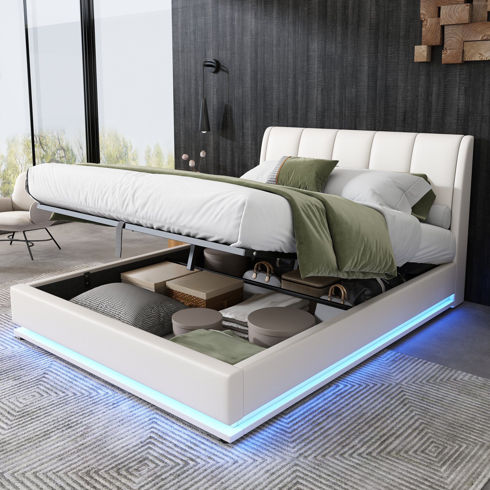 SEEZSSA Polsterbett Modern LED Bett Hydraulisches Doppelbett mit Lattenrost  und Kopfteil, Stauraumbett, Weiß