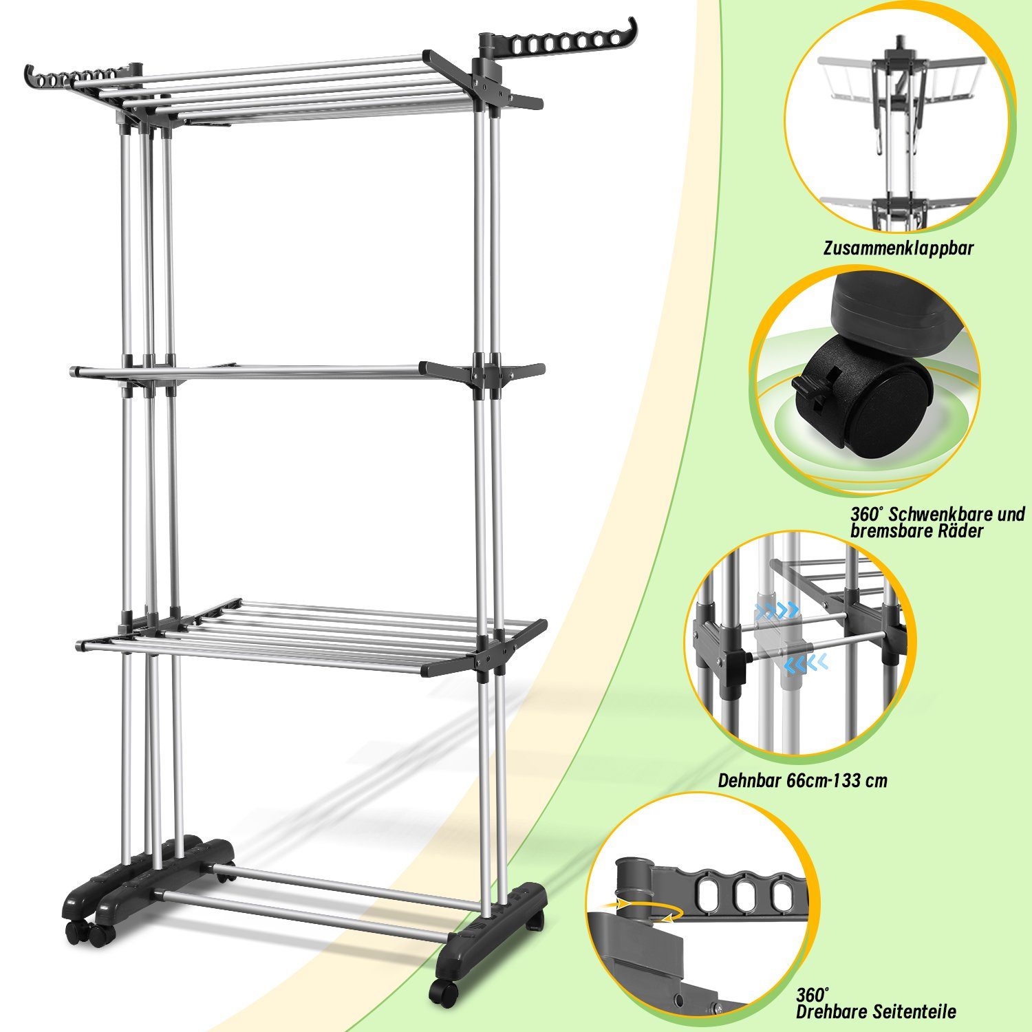 Clanmacy Wäscheständer mobiler Kleiderständer Klappbarer Flügel Turm mit 6 Rädern 4 Ebenen, Einstellbare Breite 75-150cm