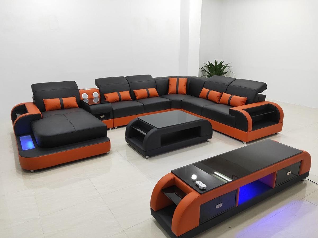 Wohnlandschaft JVmoebel Schwarz/Orange Design Wohnzimmer-Set, led Ledersofa Eckgarnitur Ecksofa Luxus sofa