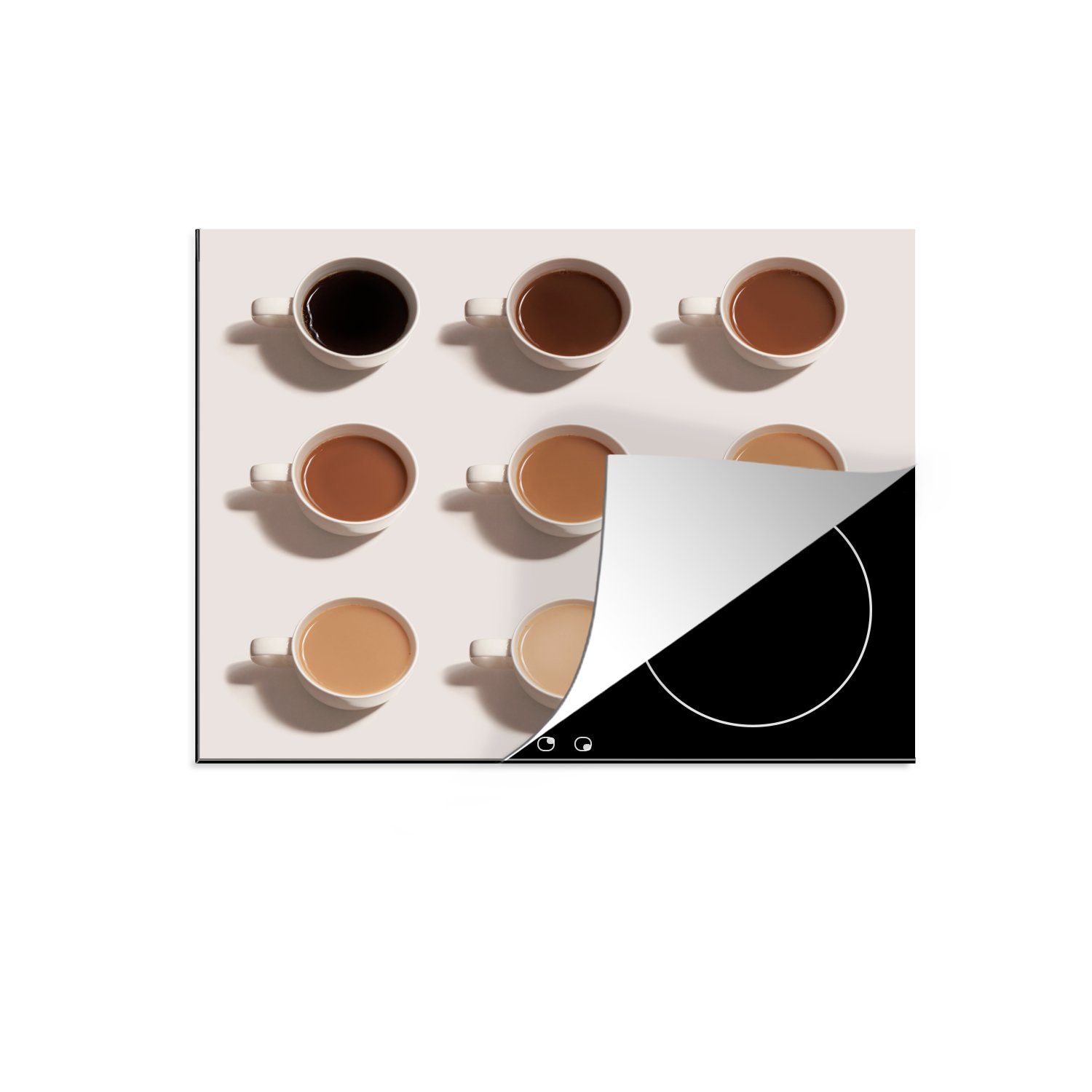 Induktionsmatte die vor Ceranfeldabdeckung Verschiedene küche, einem Herdblende-/Abdeckplatte (1 MuchoWow tlg), weißen cm, für Kaffeesorten Vinyl, Hintergrund, 59x52