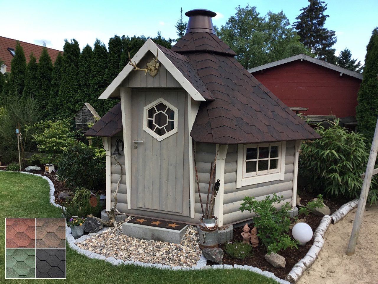 Finn Art Blockhaus Grillkota Grillpavillon 6-eckig Finnland 7 max. 12 Personen, BxT: 330x286 cm, Schindeln schwarz, mit Grillanlage, ohne Fußboden