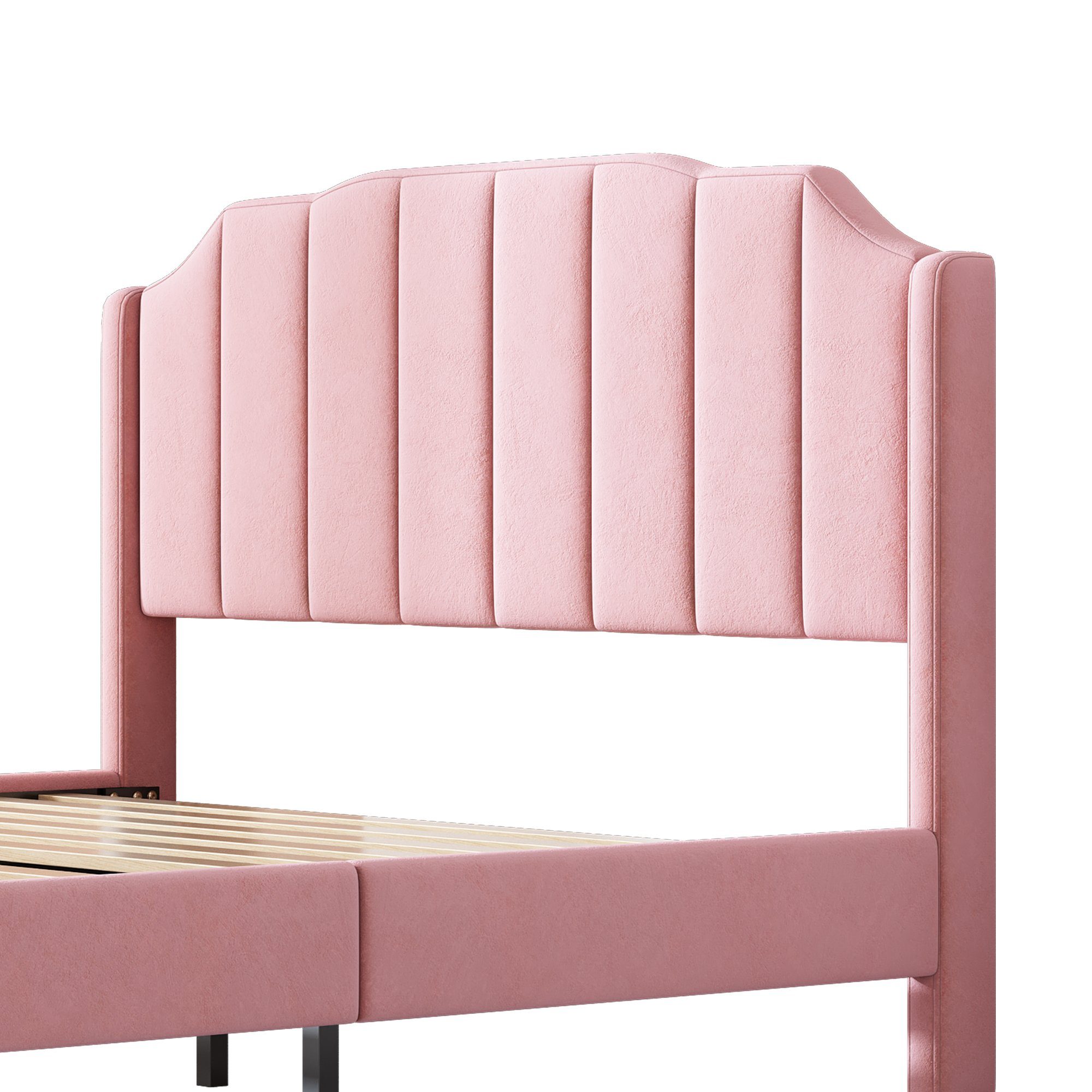Flieks Polsterbett, Doppelbett Kinderbett mit rosa Lattenrost 140x200cm Samt