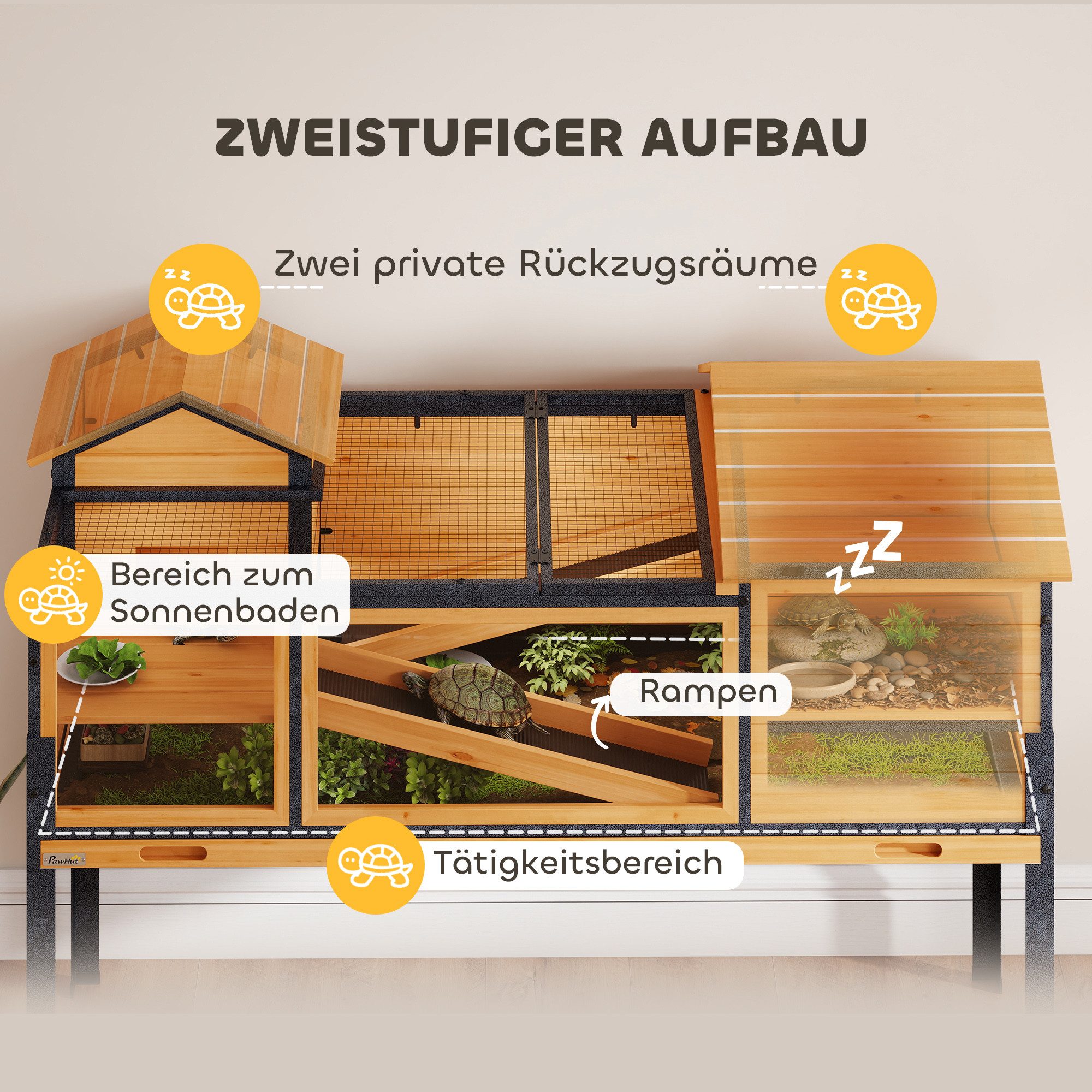 PawHut Kleintierstall mit 2 Räume, 2 Stockwerke, Fenster, Rampen, für Schildkröten, Geckos, Küken, Gelb