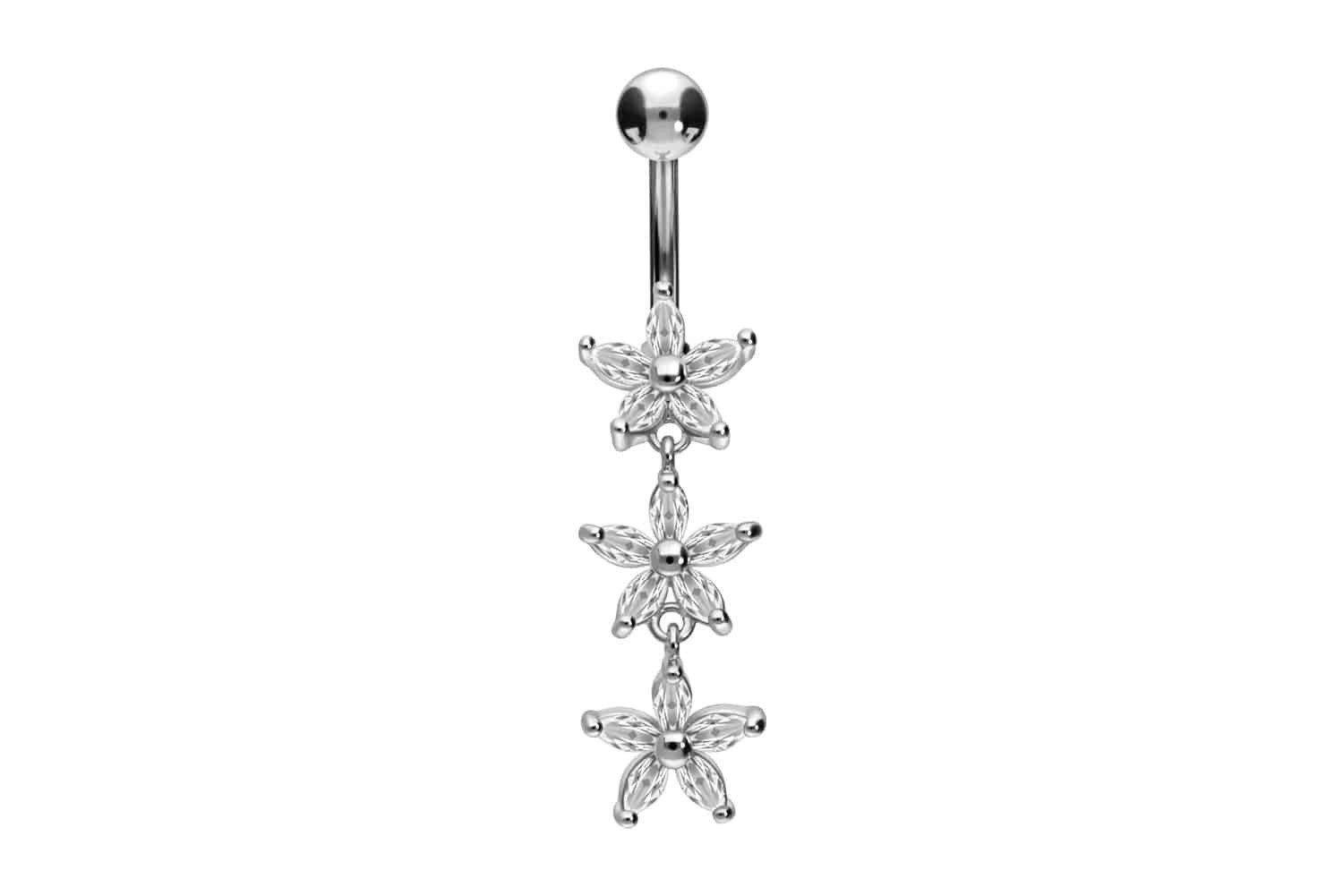 Bauchnabelpiercing Titan Bananabell mit 925er Silber-Design 3 KRISTALLBUMEN
