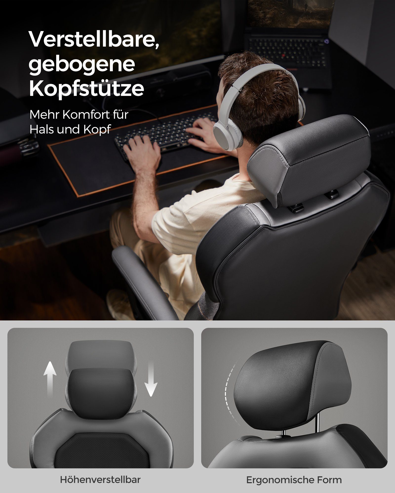 SONGMICS Bürostuhl, Schreibtischstuhl, Wippfunktion, PU, verstellbare Kopfstütze schwarz