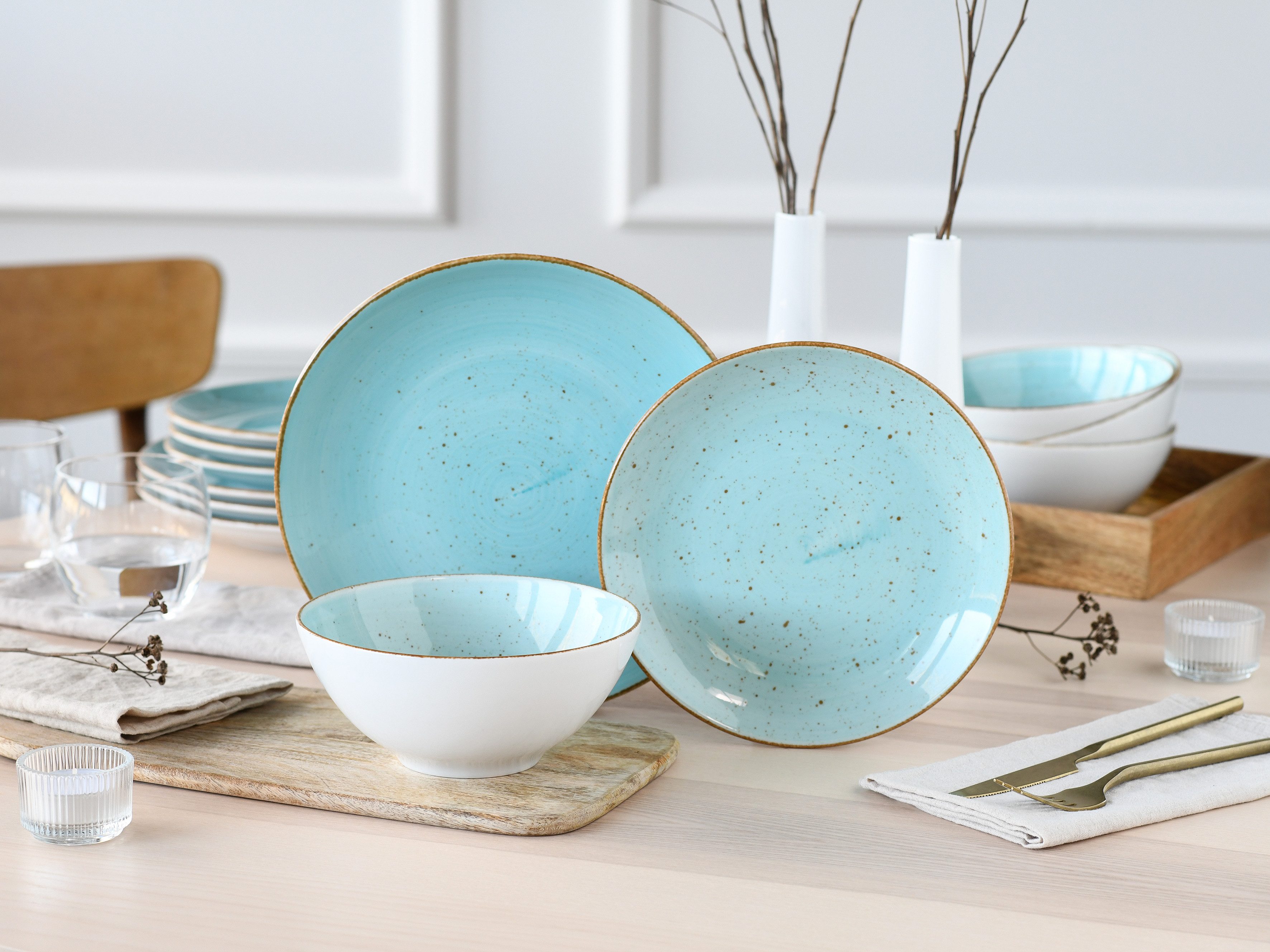 CreaTable Teller-Set Vintage, Teller Set 12-tlg. (12-tlg), 4 Personen, Porzellan, Naturverbundenes Design, Handgemalt