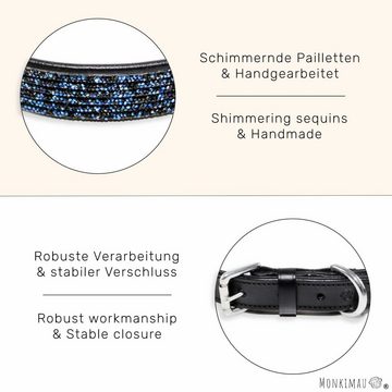 Monkimau Hunde-Halsband Hundehalsband Leder Halsband Hund schwarz mit blauen Pailletten S-XS, Leder