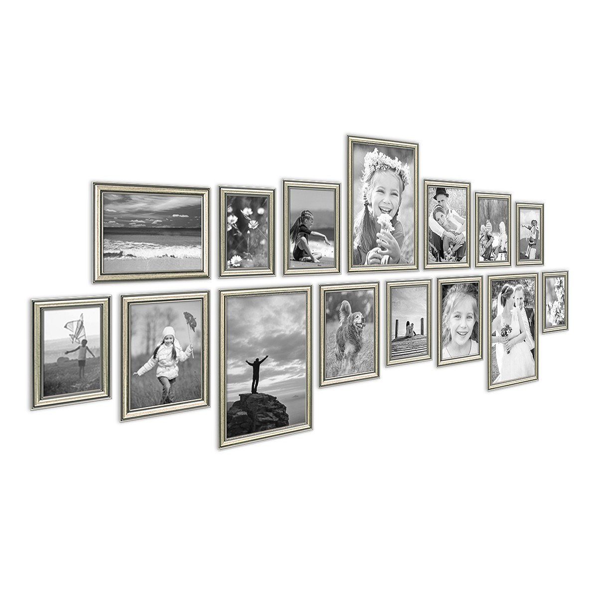 PHOTOLINI Bilderrahmen 15er Set Kunststoff-Rahmen eleganter Barock-Stil 10x15 bis 21x30 cm Silber