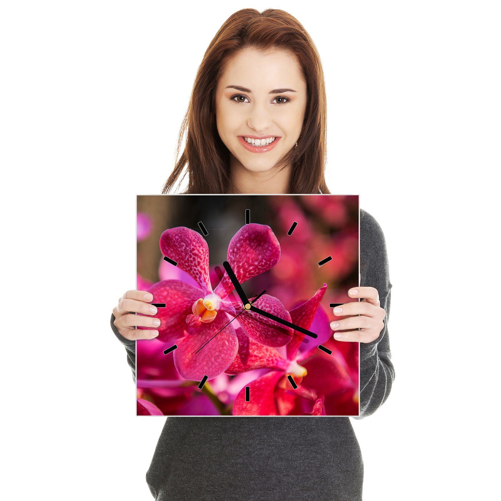 Motiv Nah cm Orchideen Wanduhr mit Größe Primedeco Wanduhr 30 30 x von Glasuhr Wandkunst