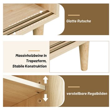 IDEASY Sideboard Holz-Sideboard mit Kunststoff-Rattantür und Glasschiebetür, (6 Fächer, Beine aus Massivholz), für Eingangsbereich, Wohnzimmer, Esszimmer, Schlafzimmer
