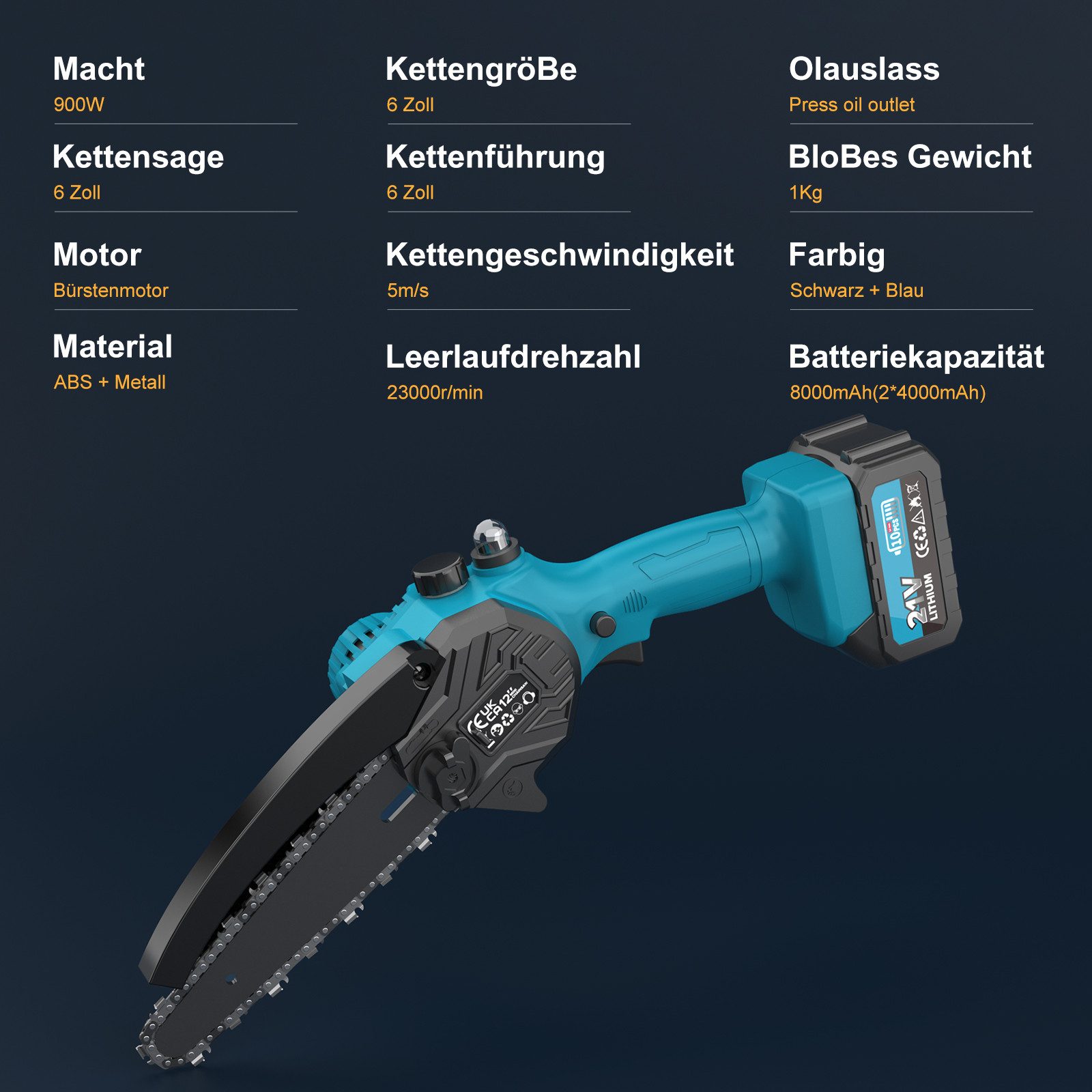 Rinoxar Akku-Kettensäge 6''/8''/12'' Elektro-Kettensäge, 1300W Bürstenloser Handkettensäge, 2*4000mAh Akku, Bürstenlosem Motor, für Gartenarbeit, Holzschneidenz