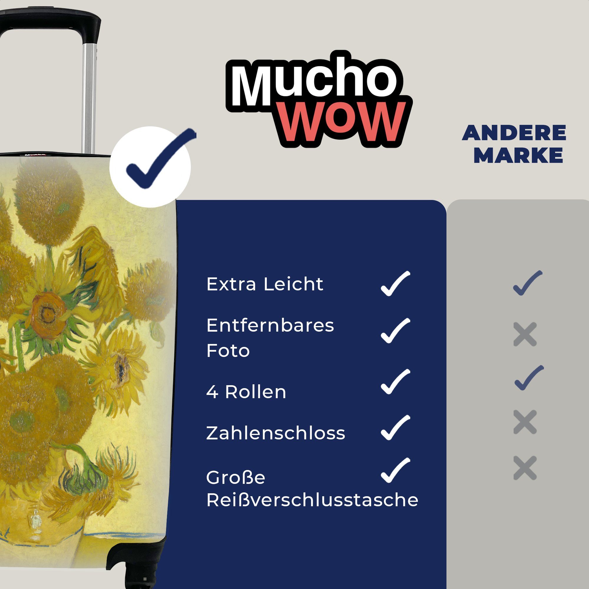 MuchoWow Handgepäckkoffer Sonnenblumen - für van mit Gogh, Handgepäck Reisekoffer Rollen, Ferien, 4 Reisetasche Vincent Trolley, rollen