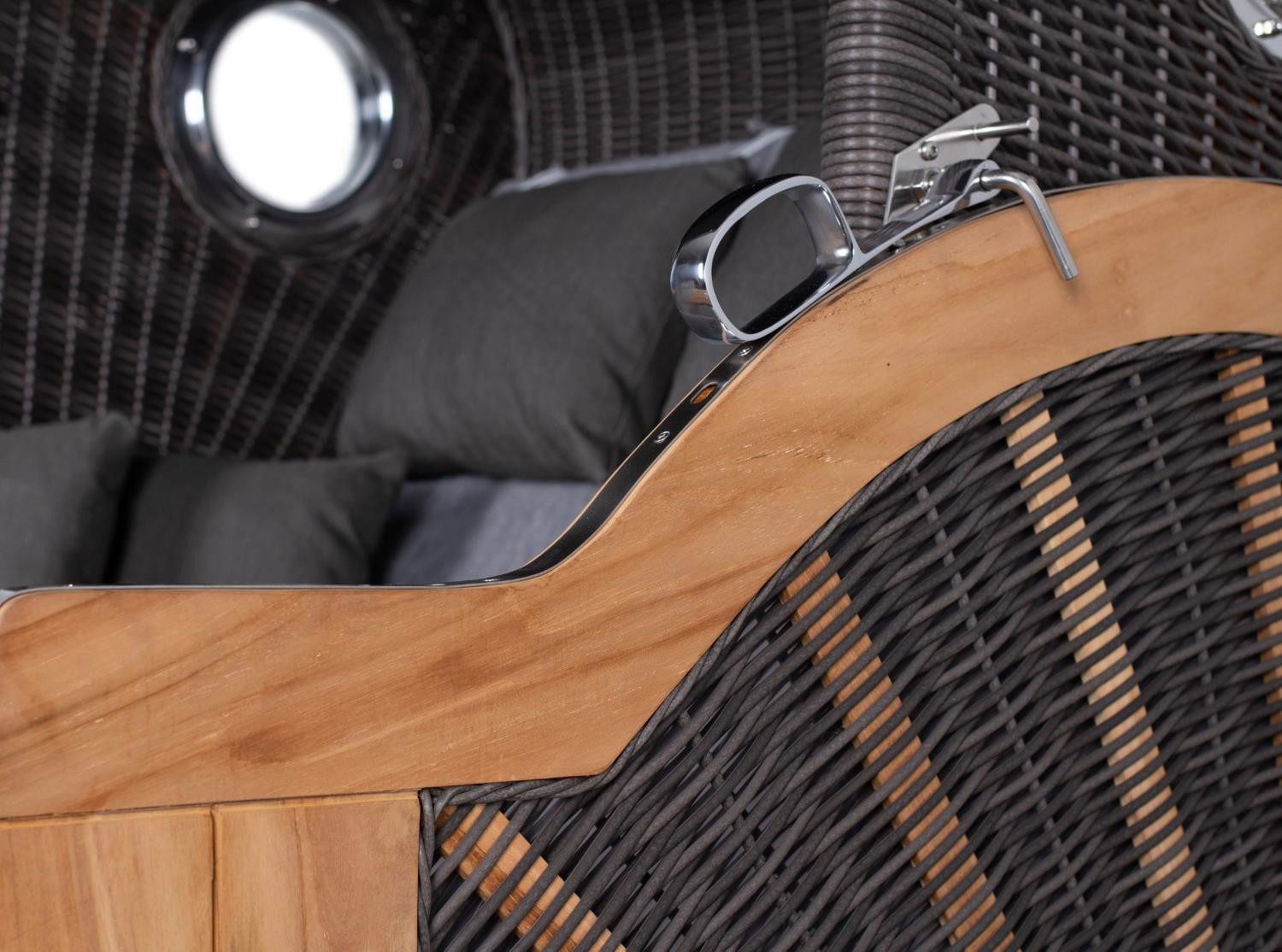 deVries PURE® Strandkorb Seemöwe XL - PE stone grey - Dessin 466, BxTxH: 140x95x160 cm, Halblieger, Ostsee-Strandkorb, Teakholz - Bullaugen - Kissenausstattung und Schutzhülle