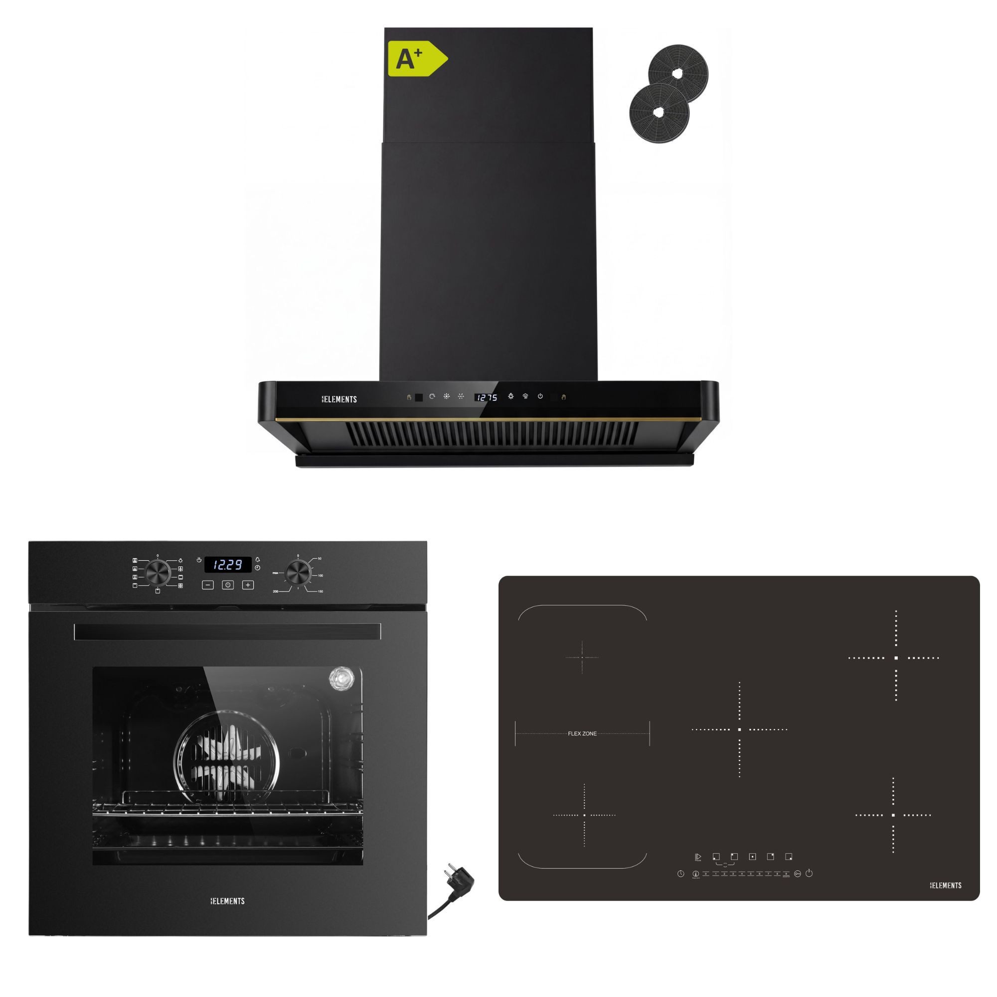 KB Elements Induktions Herd-Set Einbaubackofen 60 cm mit 5-Zonen Induktionskochfeld 77cm, Aqua Clean, Circle Fan Heater, Flexzonen