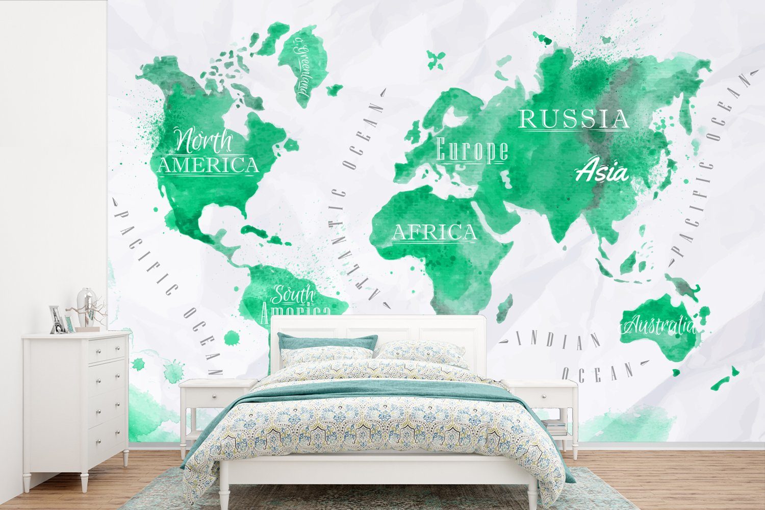 MuchoWow Fototapete Weltkarte - Ölfarbe - Grün, Matt, bedruckt, (6 St), Wallpaper für Wohnzimmer, Schlafzimmer, Kinderzimmer, Vinyl Tapete