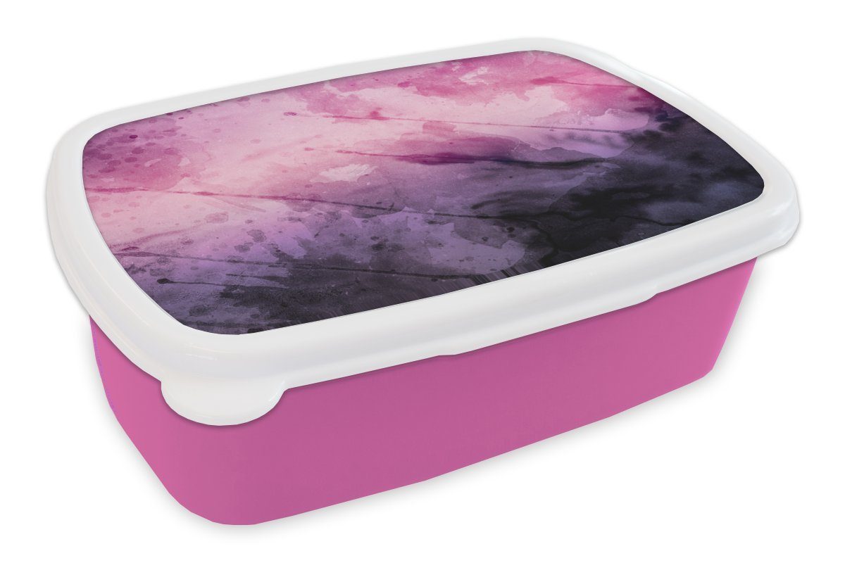 MuchoWow Lunchbox Aquarell - Lila - Schwarz, Kunststoff, (2-tlg), Brotbox für Erwachsene, Brotdose Kinder, Snackbox, Mädchen, Kunststoff rosa