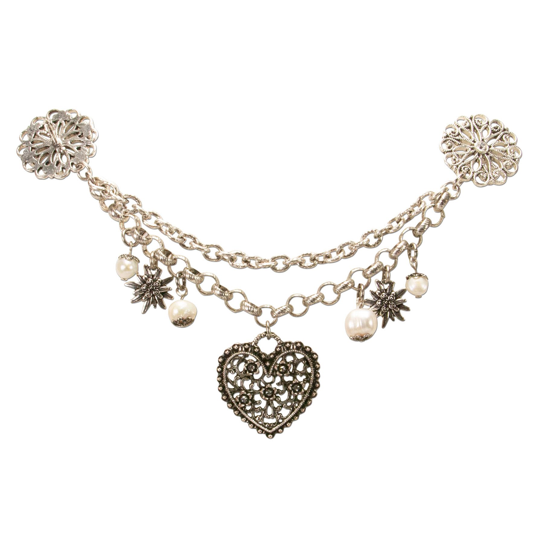 Alpenflüstern Kette mit Anhänger Dirndl-Pin-Charivari Blütenherz (antik-silber-farben), - Hochwertiger Damen-Trachtenschmuck mit Perlen und Blütenherz, Dirndl