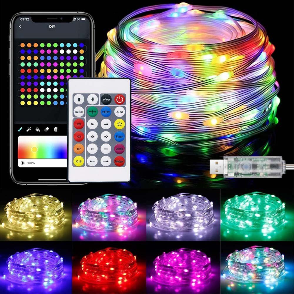 LED LED-Streifen Lichterketten, LED MUPOO Dekolicht Lichtervorhang RGB Stripe Wasser Baummantel Nachtlicht Integriert 10/20M Fest LED Bluetooth LED 100/200LED