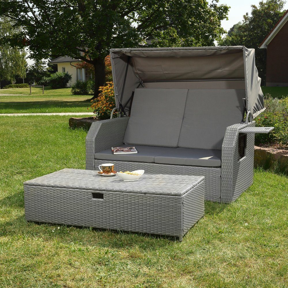 Melko Gartenliege Sonneninsel mit Dach, Hocker und Kissen Polyrattan 145×143×130 cm, Halblieger mit Dach 145x143 cm, 3-teiliges Set bestehend aus 1 × Sonneninsel, 1 × Hocker und Kissen, Kompakte Halblieger mit klappbarem Dach und separatem Hocker
