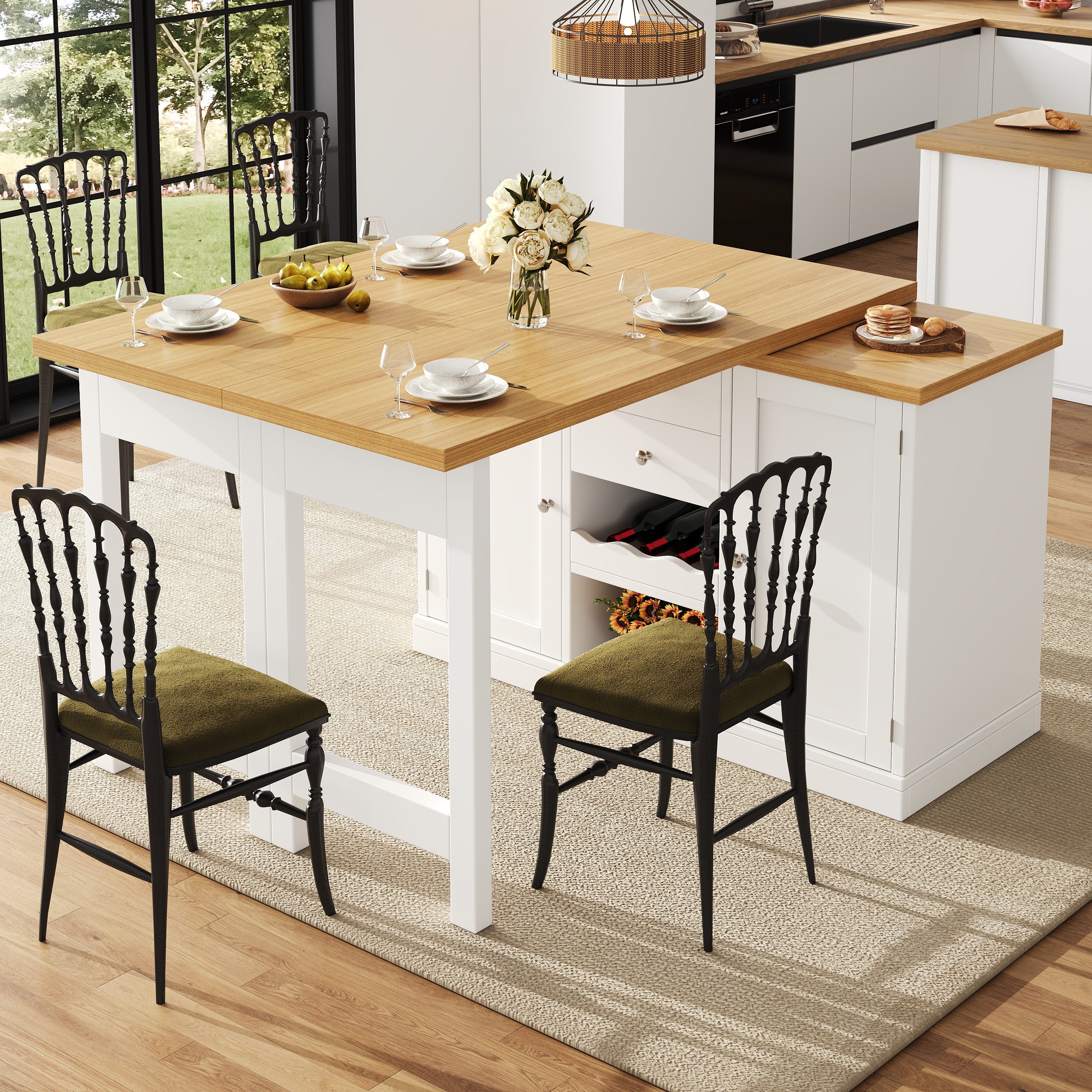 Flieks Kücheninsel Küchenschrank mit 360° drehbarer und klappbarer Arbeitstisch, (Holzoptik Tischplatte Tiefe 40-80cm, Längenverstellbar 120-197cm), ausziehbarer Esstisch & Mehrzweckschrank mit Weinregal Weiß