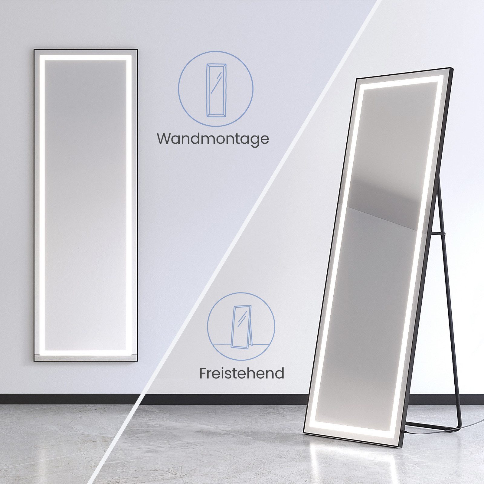 AQUALAVOS Standspiegel Spiegel Ganzkörperspiegel mit LED Beleuchtung 50x150 cm Standspiegel, mit Kaltweiße Lichtfarbe 6400k, Boden/an der Wand befestigter