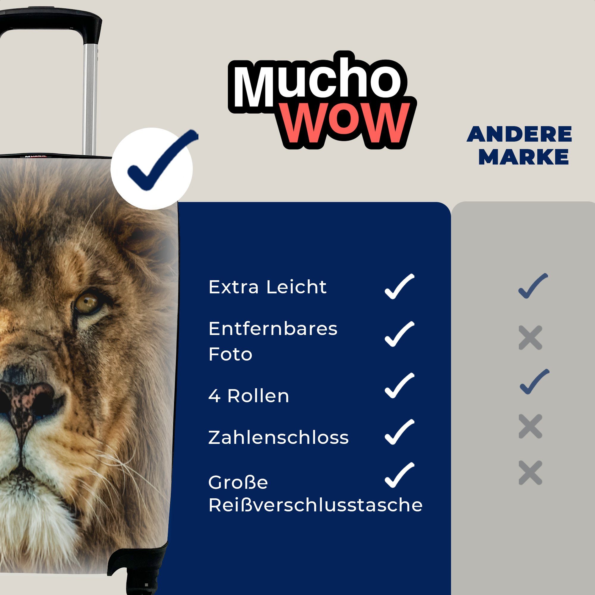 Handgepäck Tiere, MuchoWow Löwe Handgepäckkoffer mit Ferien, Trolley, für 4 - rollen, Rollen, Reisekoffer - Porträt Reisetasche