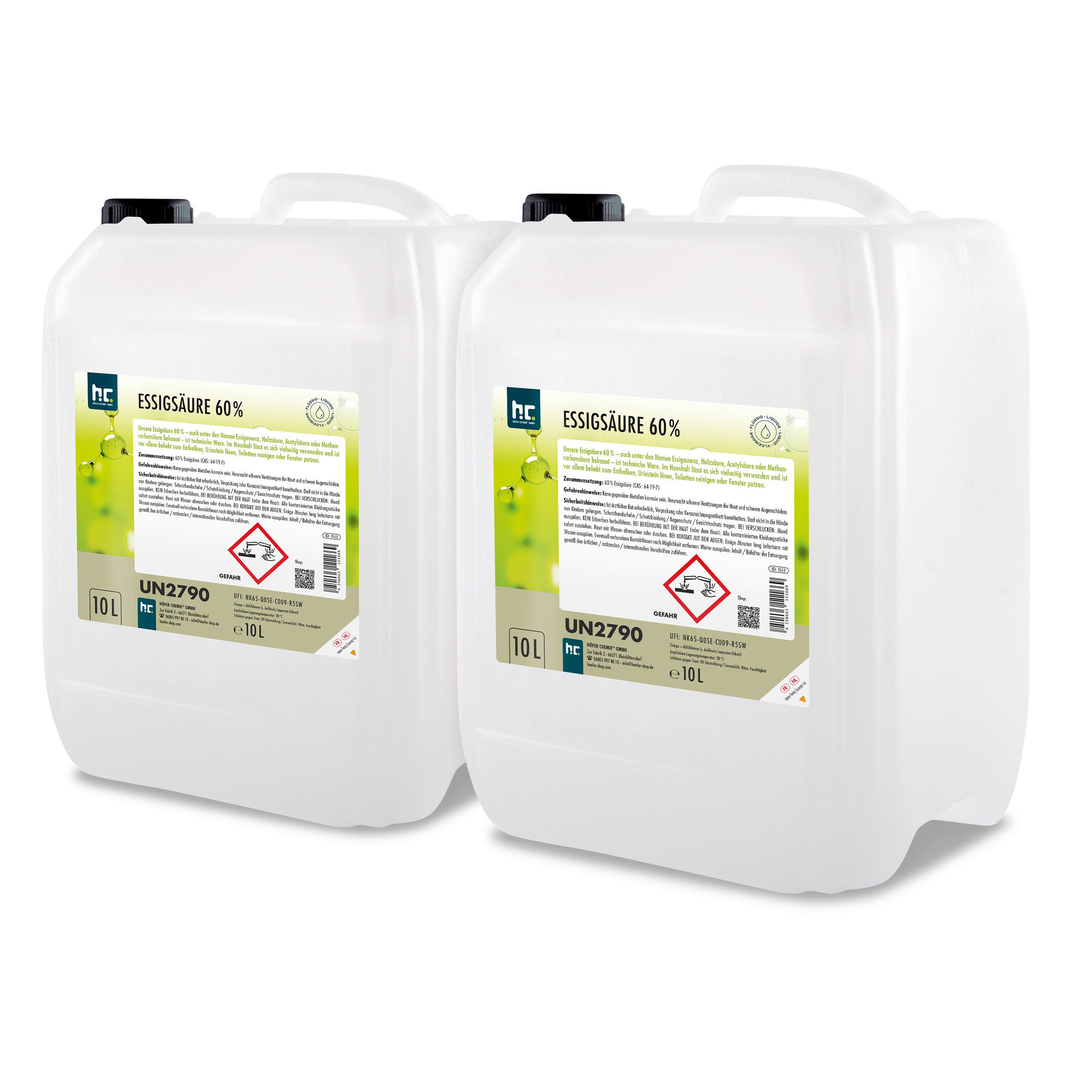 Höfer Chemie GmbH 2x 10 L Essigsäure 60% Grundreiniger (Effektiv gegen Kalk und vielseitig anwendbar)