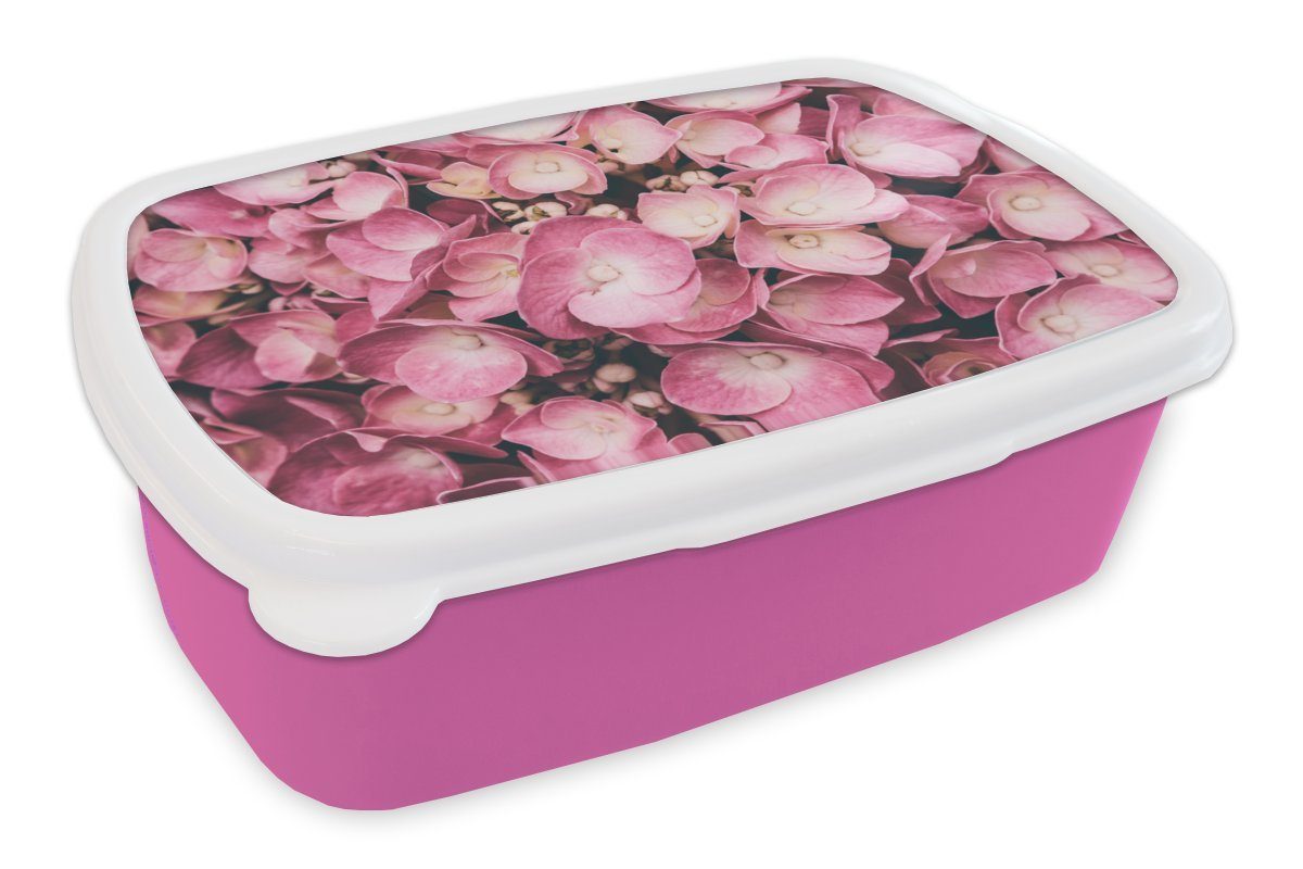 MuchoWow Lunchbox Nahaufnahme rosa Hortensien, Kunststoff, (2-tlg), Brotbox für Erwachsene, Brotdose Kinder, Snackbox, Mädchen, Kunststoff