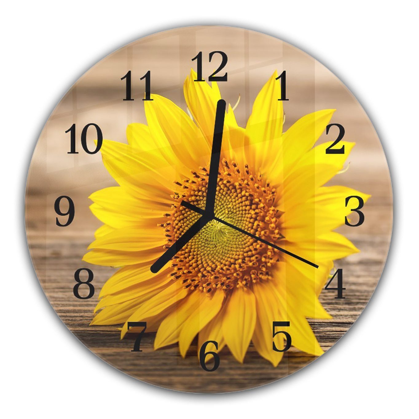 Primedeco Wanduhr Rund Sonnenblume - mit aus mit Durchmesser cm Wanduhr Glas Motiv 30 und Holz Quarzuhrwerk auf