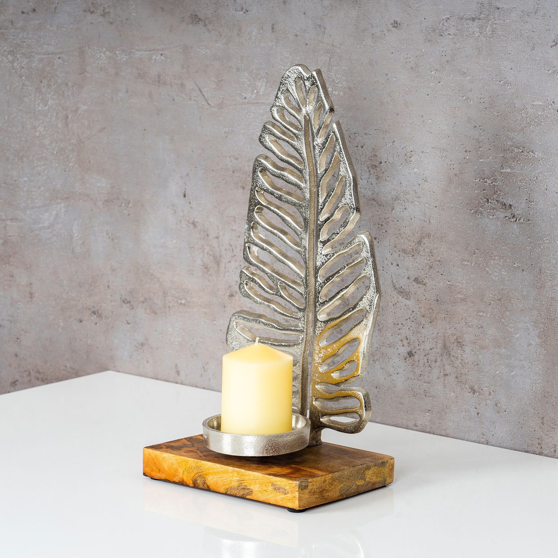Levandeo® Kerzenständer, Kerzenständer 35cm Kerzenhalter Blatt Silber Holz Tischdeko Mango