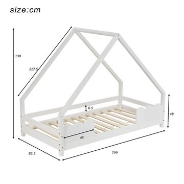Housmile Kinderbett Kinderbett 80 x 160 cm mit Rausfallschutz, Lattenrost und Dach, Hausbett für Kinder aus Massivholz-Bett in Weiß