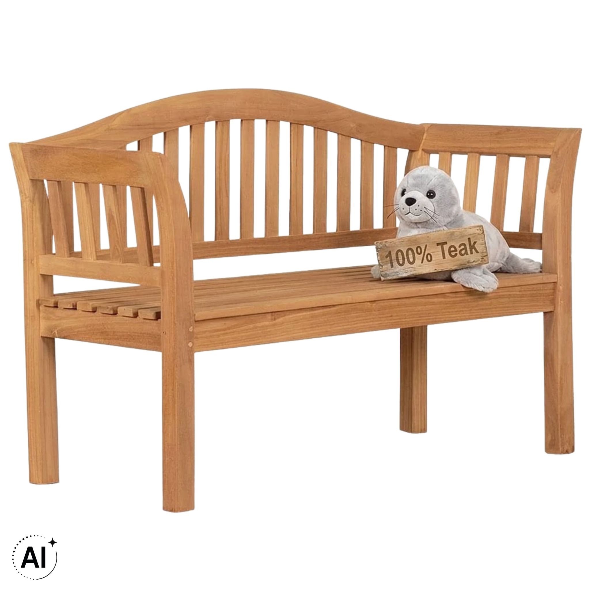 MR.DEKO Gartenbank Wave – Teakholz Bank 120 cm, geschwungen, wetterfest (2-Sitzer Bank, zerlegt geliefert, ideal für Terrasse, 1-St), Massive Sitzbank Garten und Balkon, 250 kg belastbar