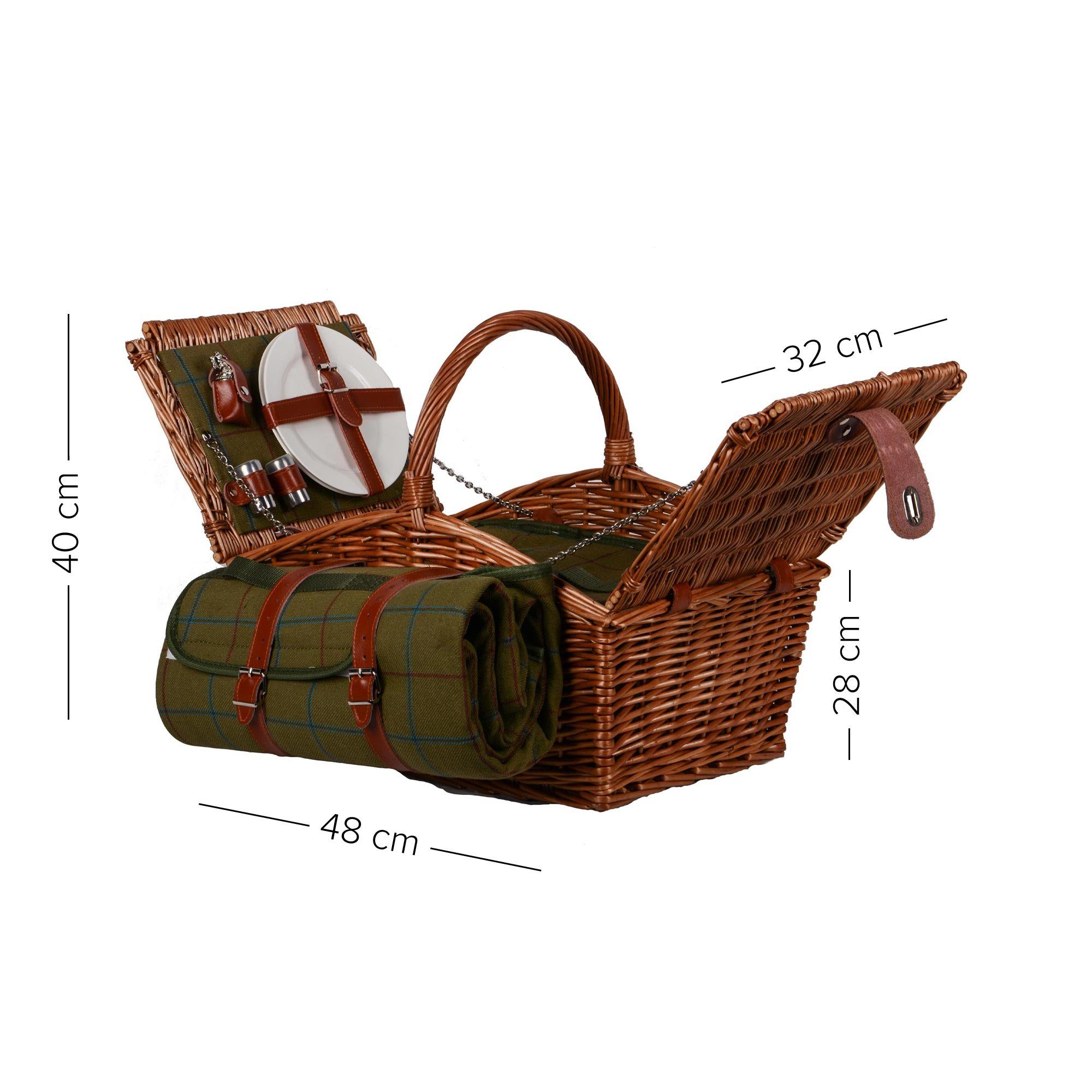 UNUS GARDEN Picknickkorb Weidenkorb für 2 Personen (Abmessung 28/40x32x48cm (HxBxL), inklusive Picknickdecke und inklusive Besteck, Geschirr, uvm.