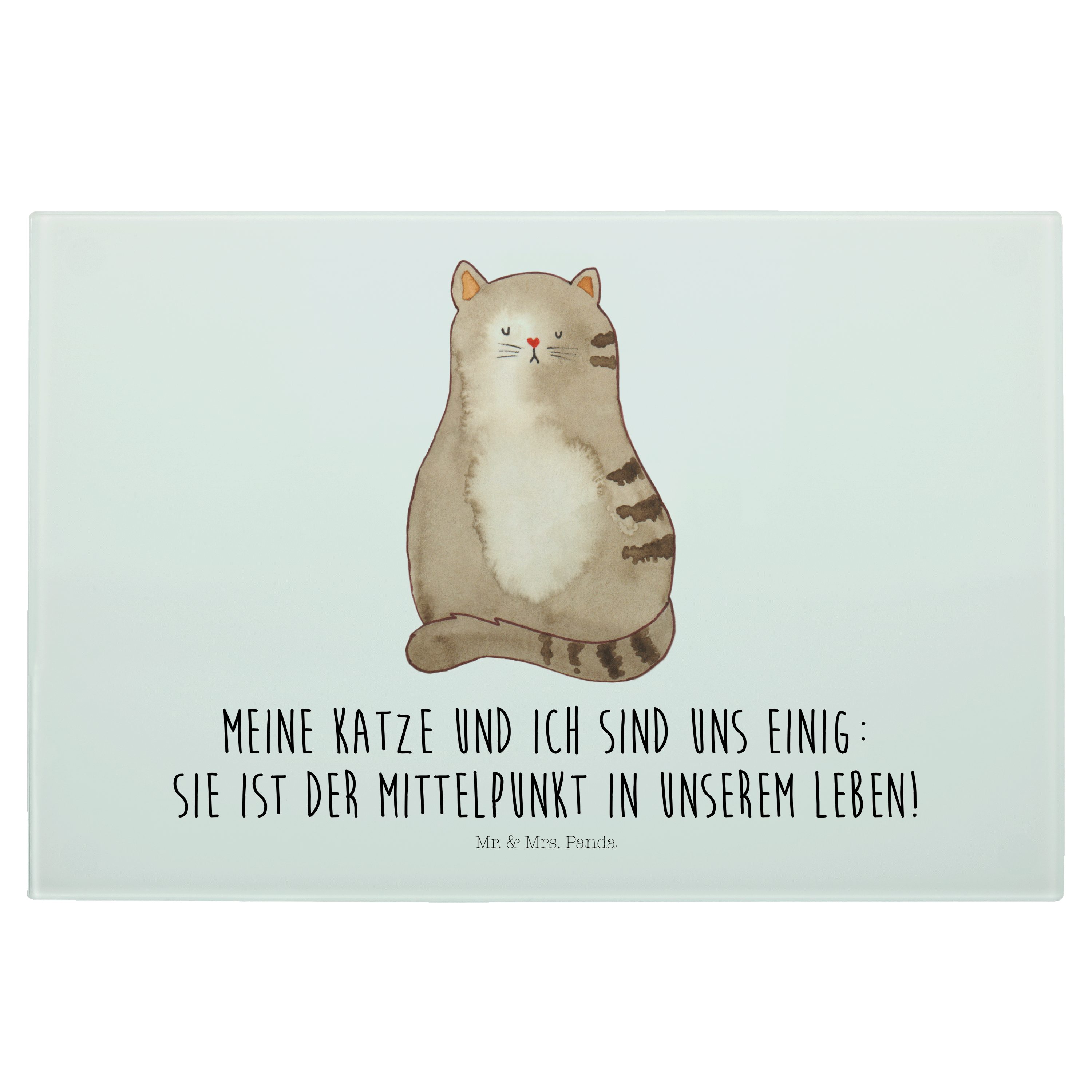 Mr. & Mrs. Panda Servierbrett Katze sitzend - Weiß - Geschenk, Miau, Katzenfan, Katzenmotiv, Herz, Premium Glas, (1-St)