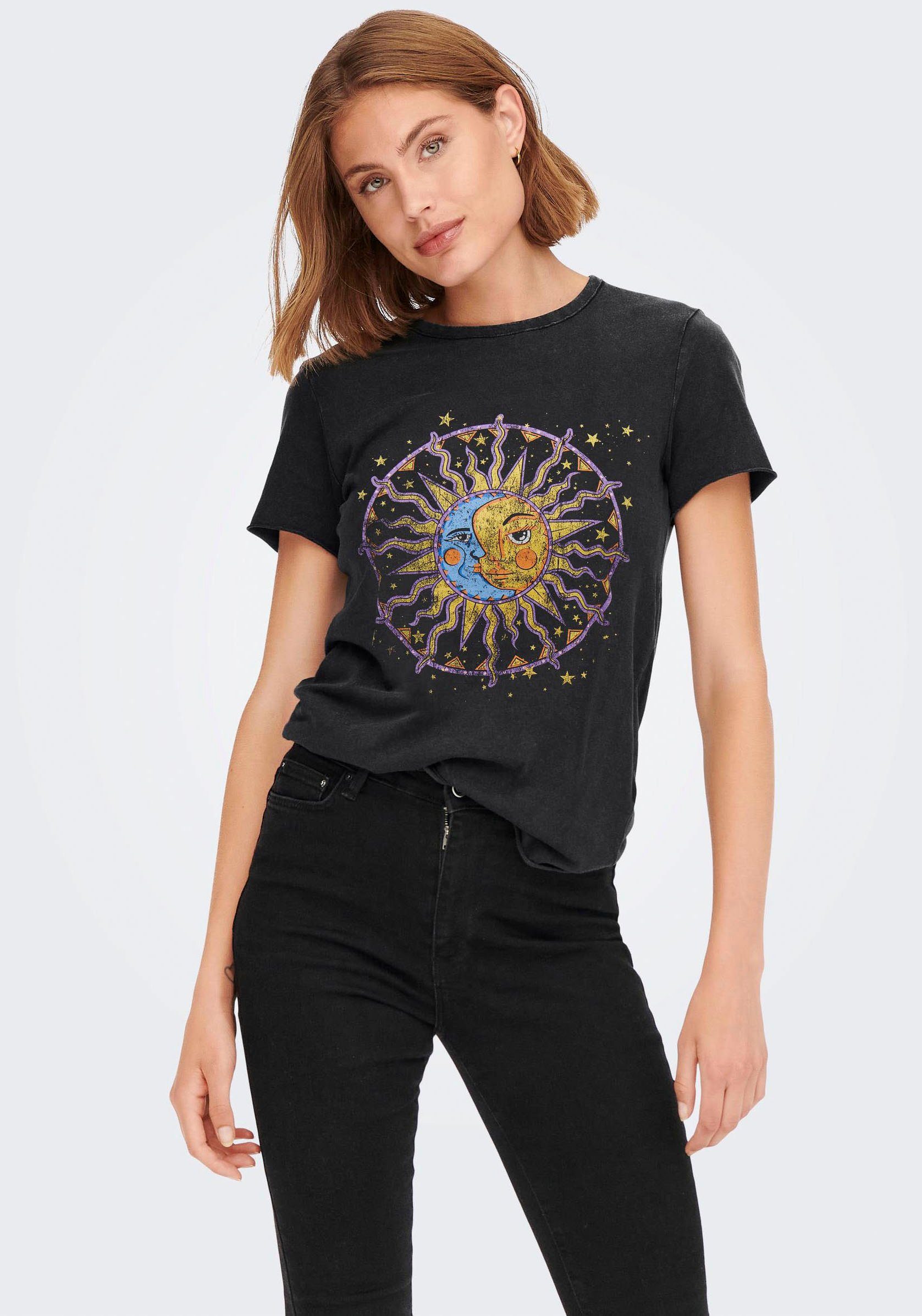 ONLY Black-Print:Half-sun/half-moon Rundhalsshirt bedruckt NOOS JRS ONLLUCY TOP S/S unterschiedlich REG