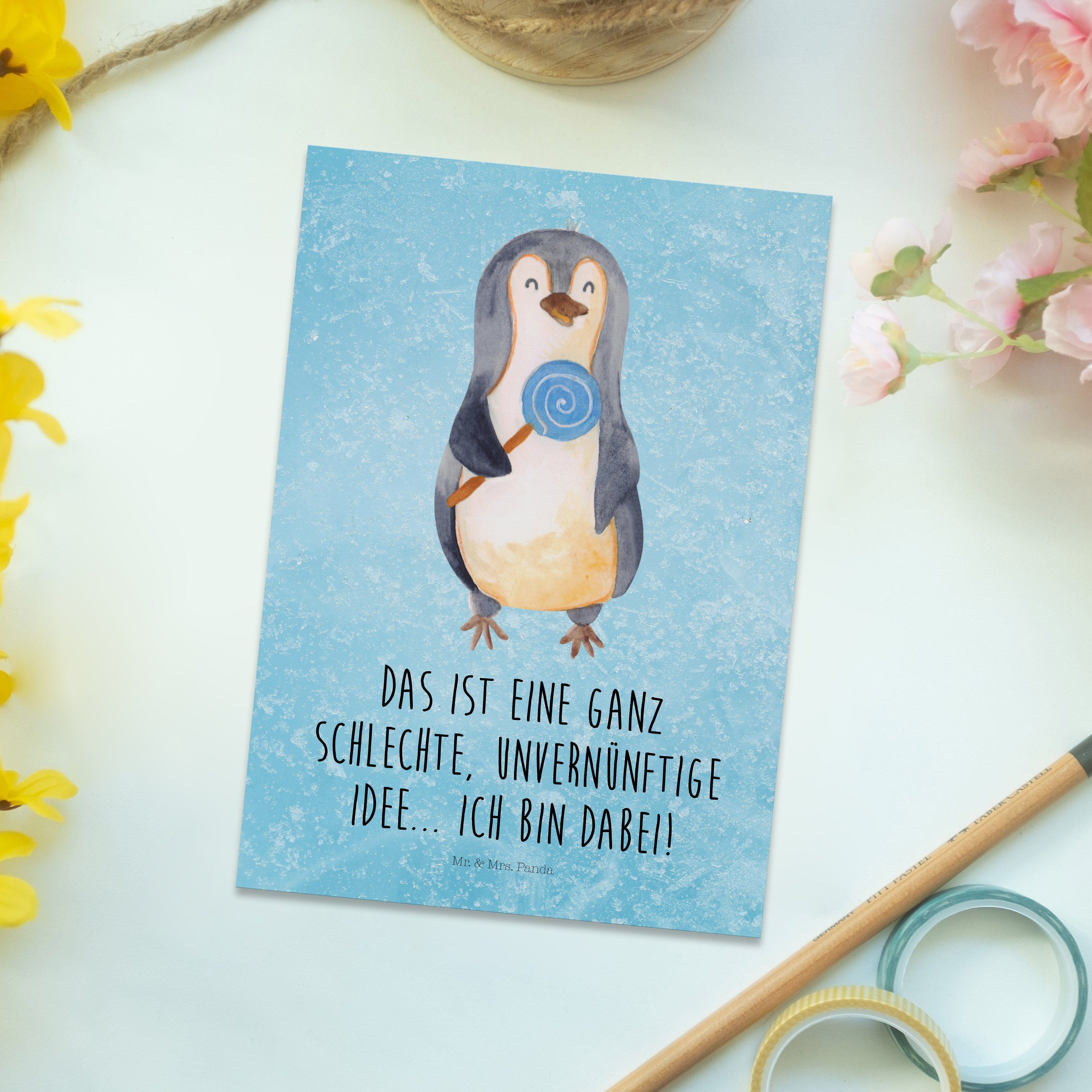 & Mrs. - Geschenk, - Panda Süßigkeiten, Postkarte Eisblau Lolli Grußkarte, Rabauke Pinguin Mr.