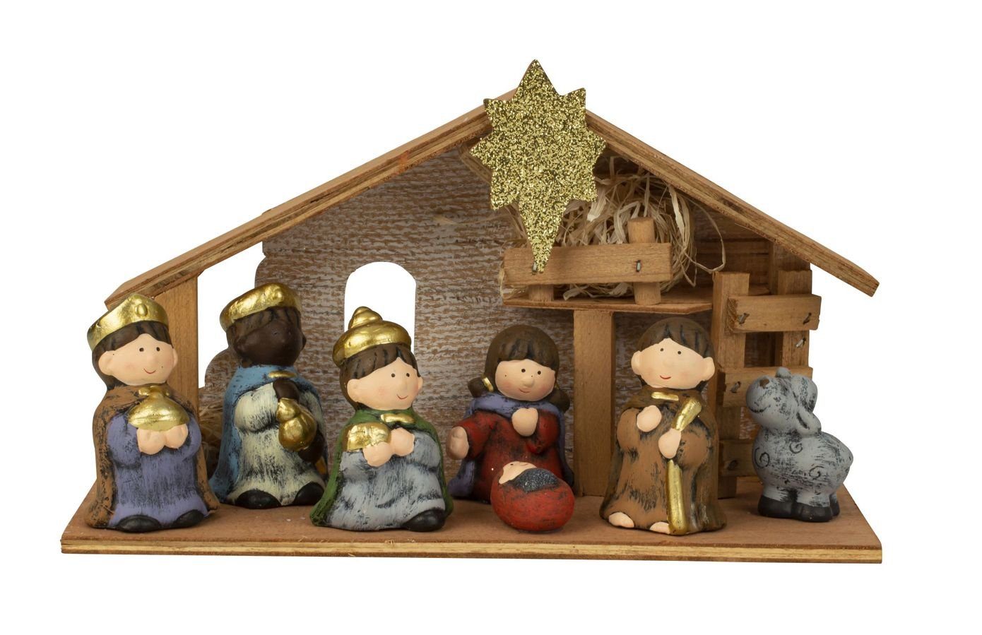 LB H&F inklusive Weihnachtsdeko LED-Laterne, aus Lilienburg Tischkrippe Weihnachtskrippe 8 mit mit Set Holz Krippe Krippe Krippe Figuren, TLG. Licht, (8-tlg)