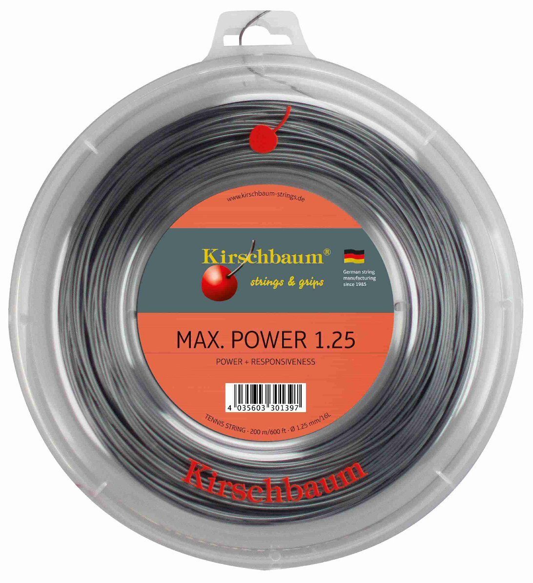 Kirschbaum Tennissaite Max Power (Haltbarkeit+Power) anthrazit 200m Rolle, Saitendicke: 1.30