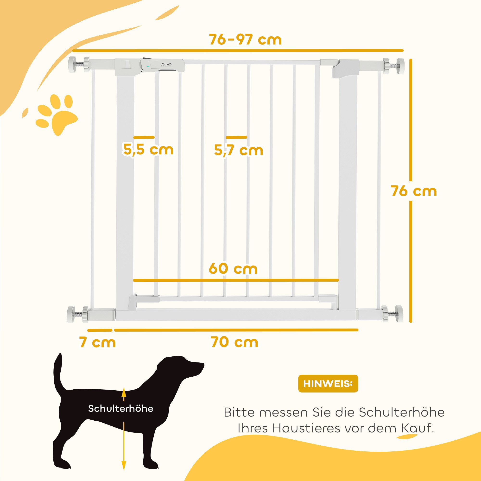 PawHut Hundegitter Treppengitter ohne Bohren Absperrgitter (Hunde Treppenschutzgitter, 1 St., Schutzgitter für Haustier), Stahl, Weiß 76-97 x 5 x 76 cm